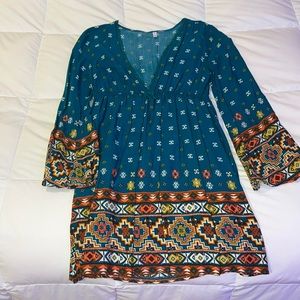 Xhileration teal tribal dress with print, v-neck, wide arms